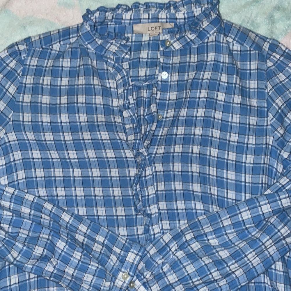 Loft Plaid Ruffle Button Down Blouse - image 6